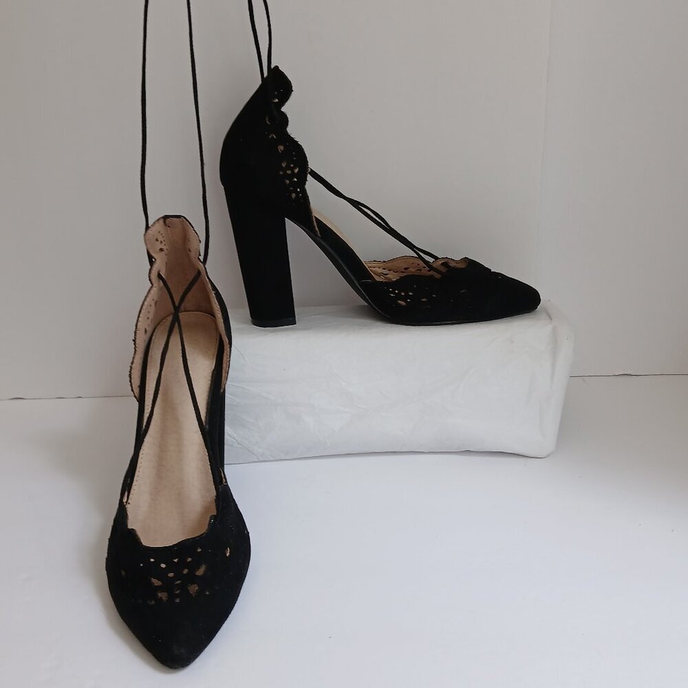 'Jenni' Black Suede CutOuts Block Heels Pointy Toes Long Ankle Wrap Laces Sz 8